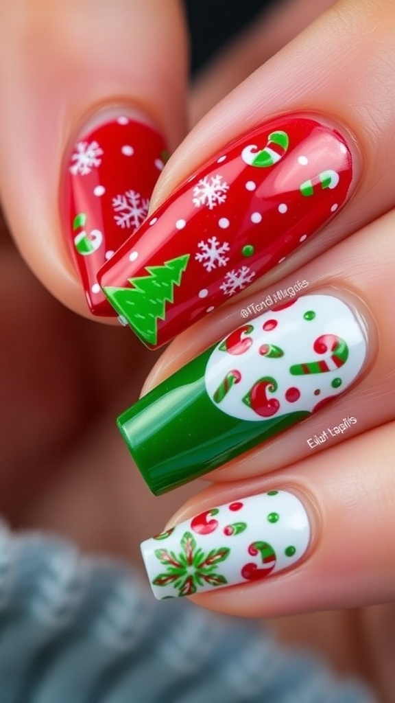 Festive Red and Green Christmas Nail Art Close-up of red and green Christmas nail art with festive designs.
